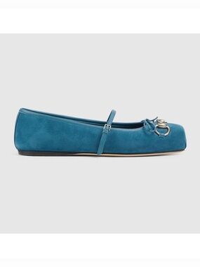 Gucci Horsebit Ballet Flats Suede Deep Acqua Blue 814413 Women’s 39.5